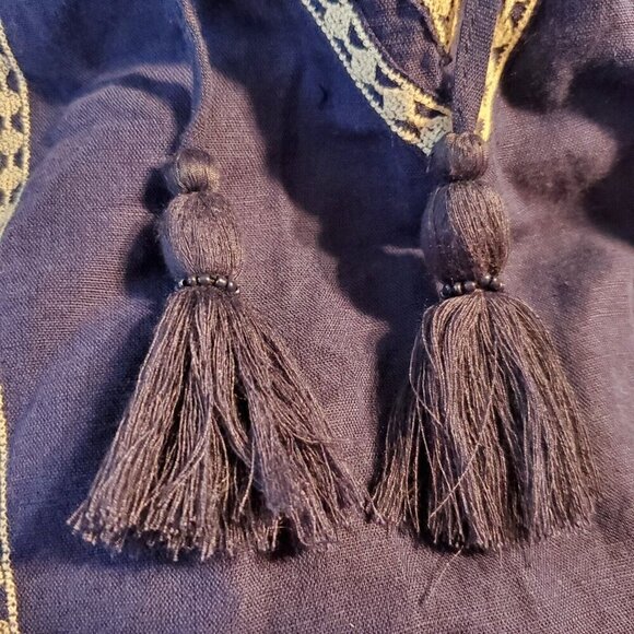 Vineyard Vines Linen Dress Sz 2 Embroidered V Neck Navy Blue White Cap Sleeves - Picture 5 of 7